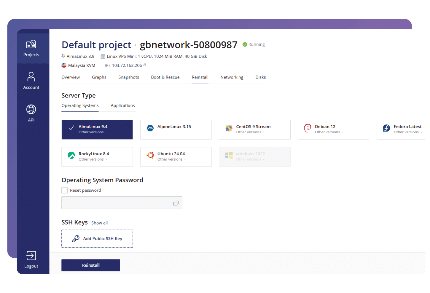 VPS control panel